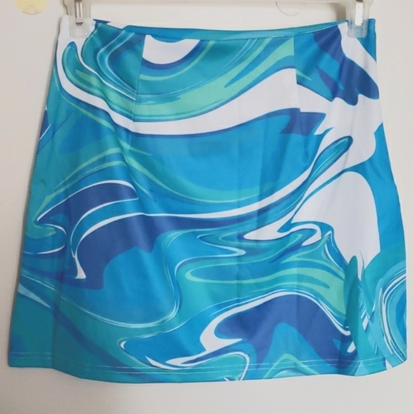 DuAnyzou Abstract Marbelized Mini Skirt in Shades of Blue/Aqua/White Size L - Picture 4 of 7